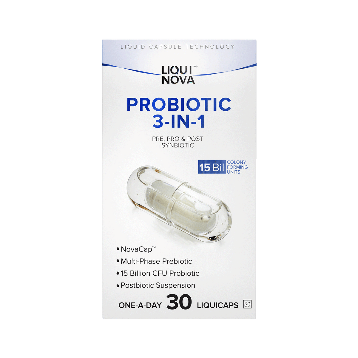 LiquiNova Probiotic 3-in-1 box front, pre, pro and postbiotics with 15 billion CFU