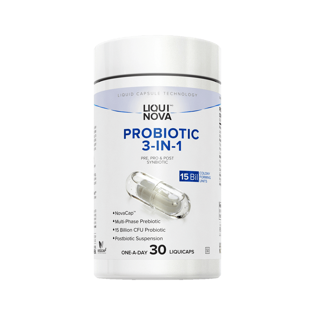 LiquiNova Probiotic 3-in-1 canister, angled view showing the NovaCap dual capsule
