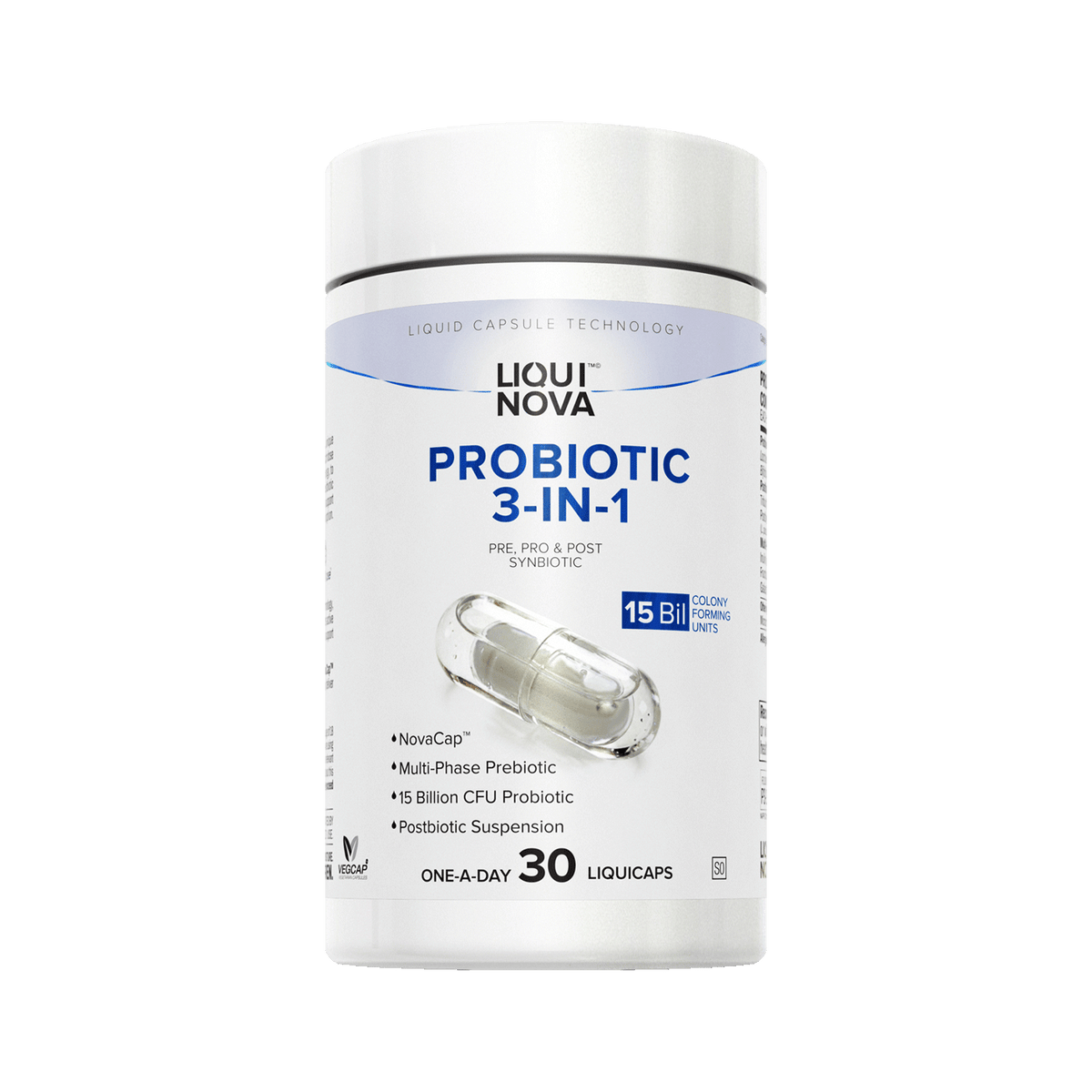 LiquiNova Probiotic 3-in-1 canister, angled view showing the NovaCap dual capsule