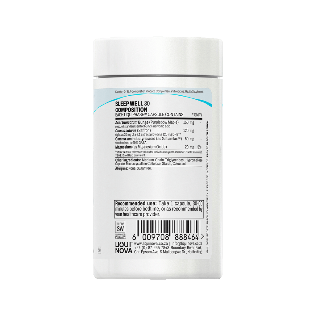 Sleep Well composition label with ingredient amounts per capsule