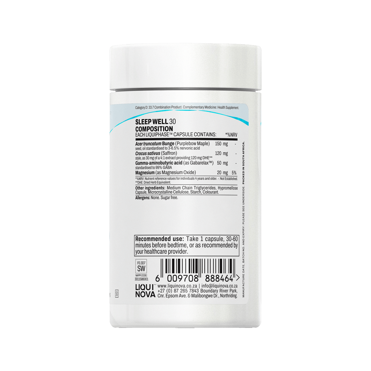 Sleep Well composition label with ingredient amounts per capsule