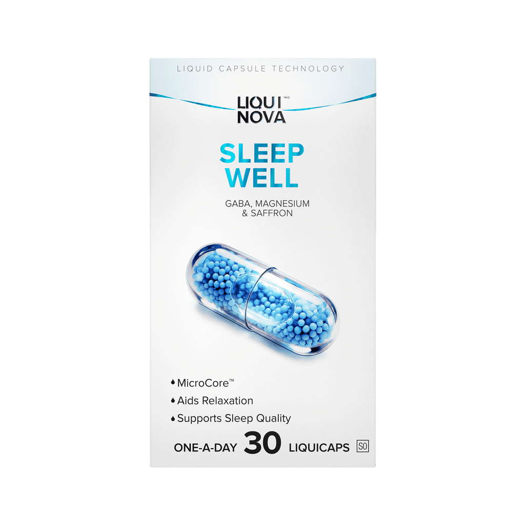 LiquiNova Sleep Well box front, GABA, Magnesium and Saffron, Aids Relaxation and Supports Sleep Quality