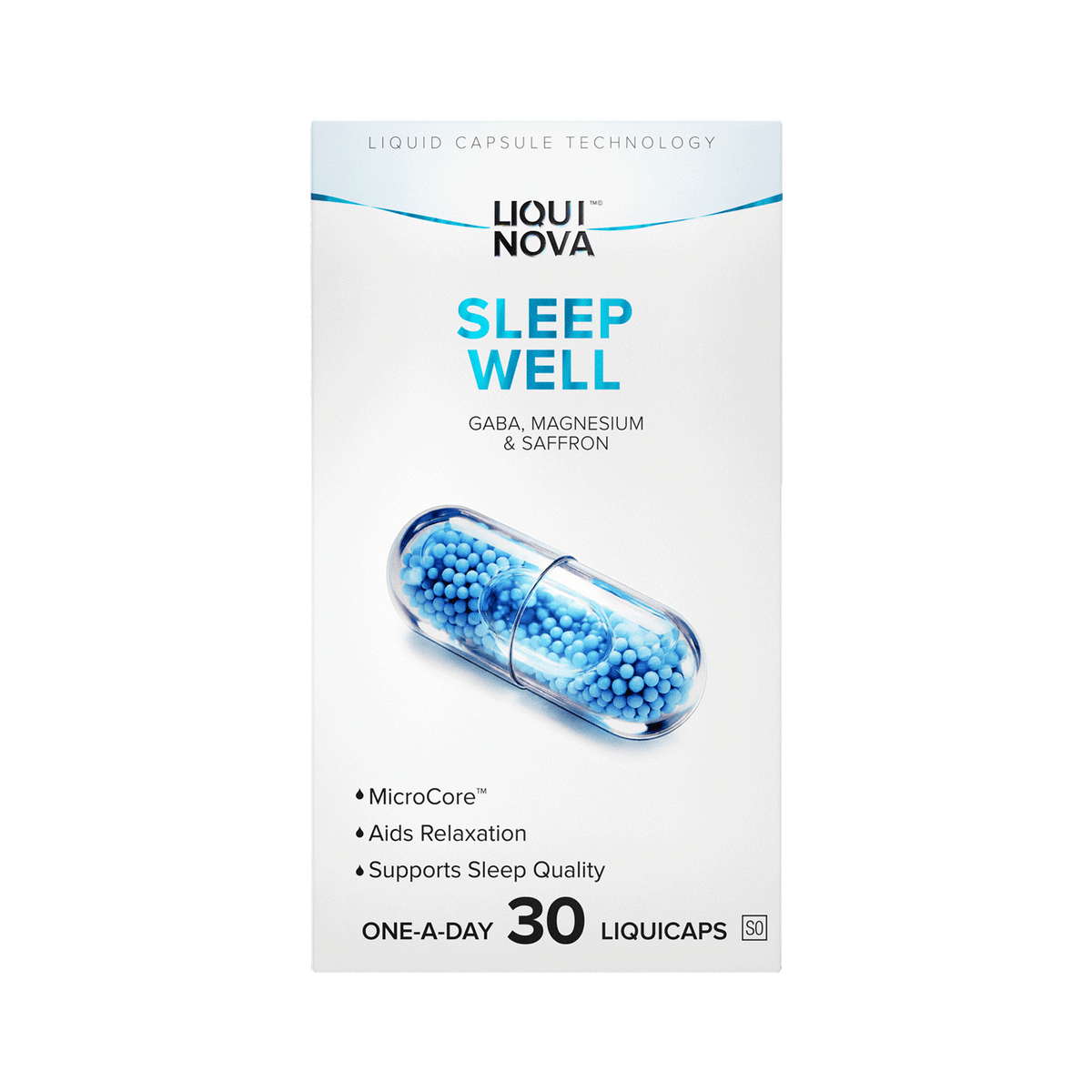 LiquiNova Sleep Well box front, GABA, Magnesium and Saffron, Aids Relaxation and Supports Sleep Quality