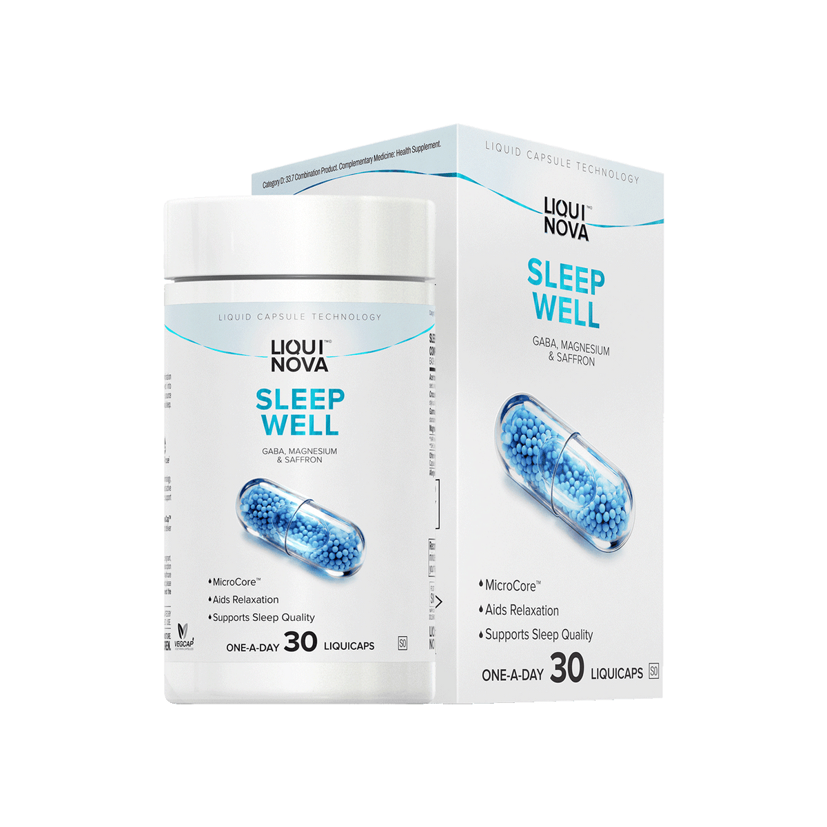 LiquiNova Sleep Well liquid capsule pack, Saffron and GABA sleep supplement