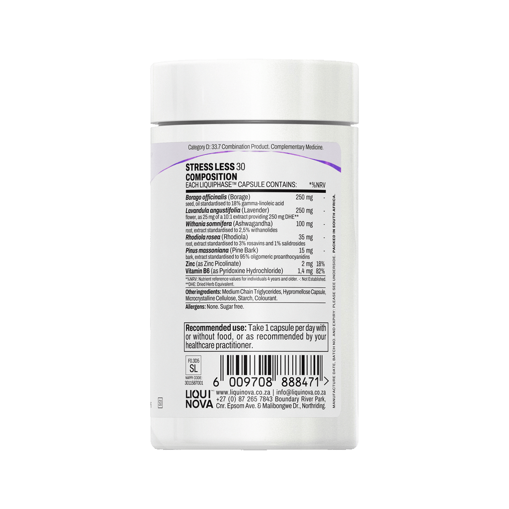Stress Less composition label with ingredient amounts per capsule