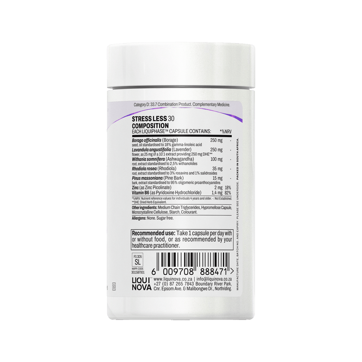 Stress Less composition label with ingredient amounts per capsule