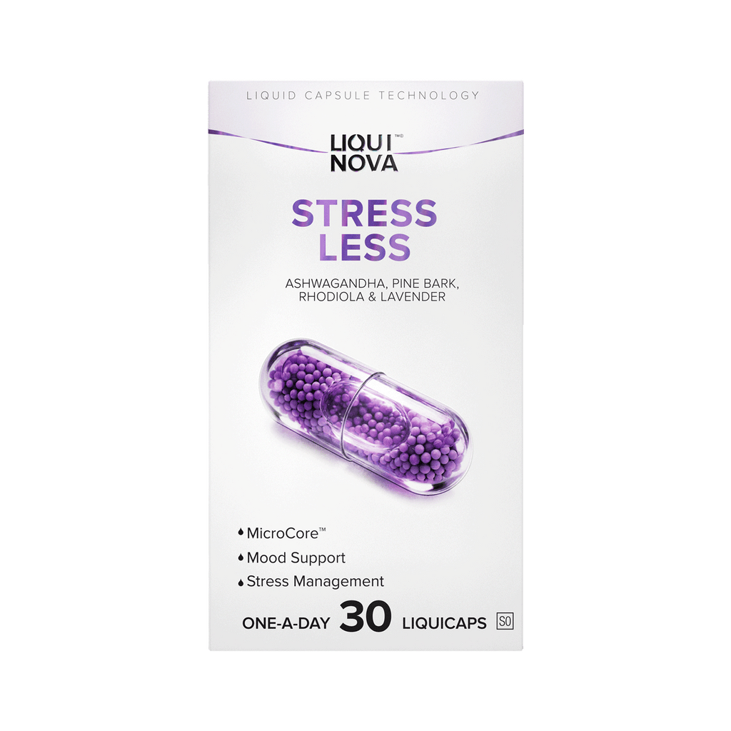 LiquiNova Stress Less box front, Ashwagandha, Pine Bark, Rhodiola and Lavender