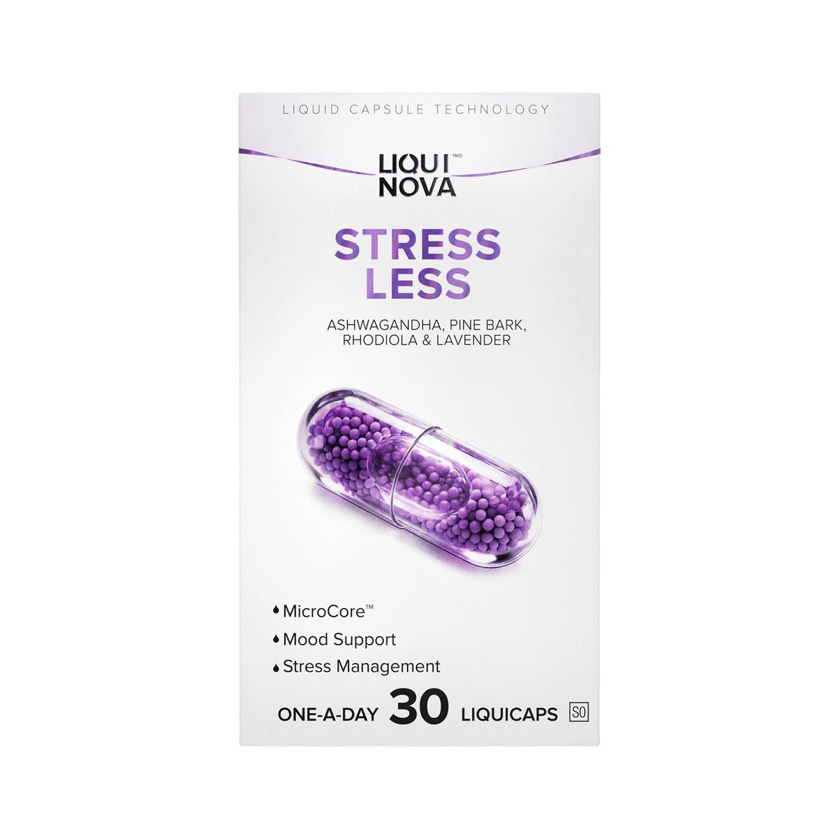 LiquiNova Stress Less box front, Ashwagandha, Pine Bark, Rhodiola and Lavender