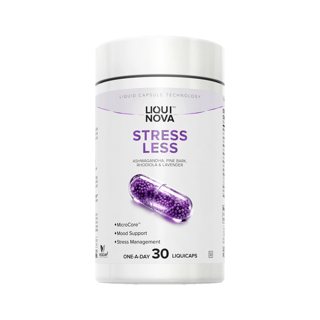 LiquiNova Stress Less canister, angled view showing the clear MicroCore liquid capsule