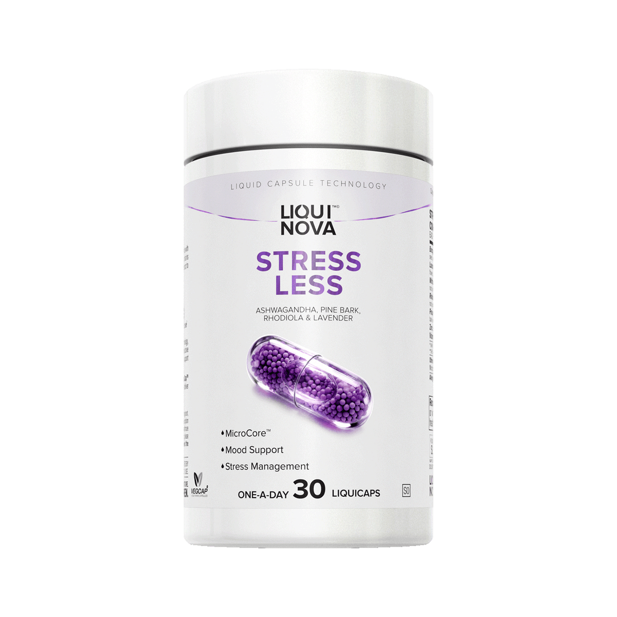 LiquiNova Stress Less canister, angled view showing the clear MicroCore liquid capsule