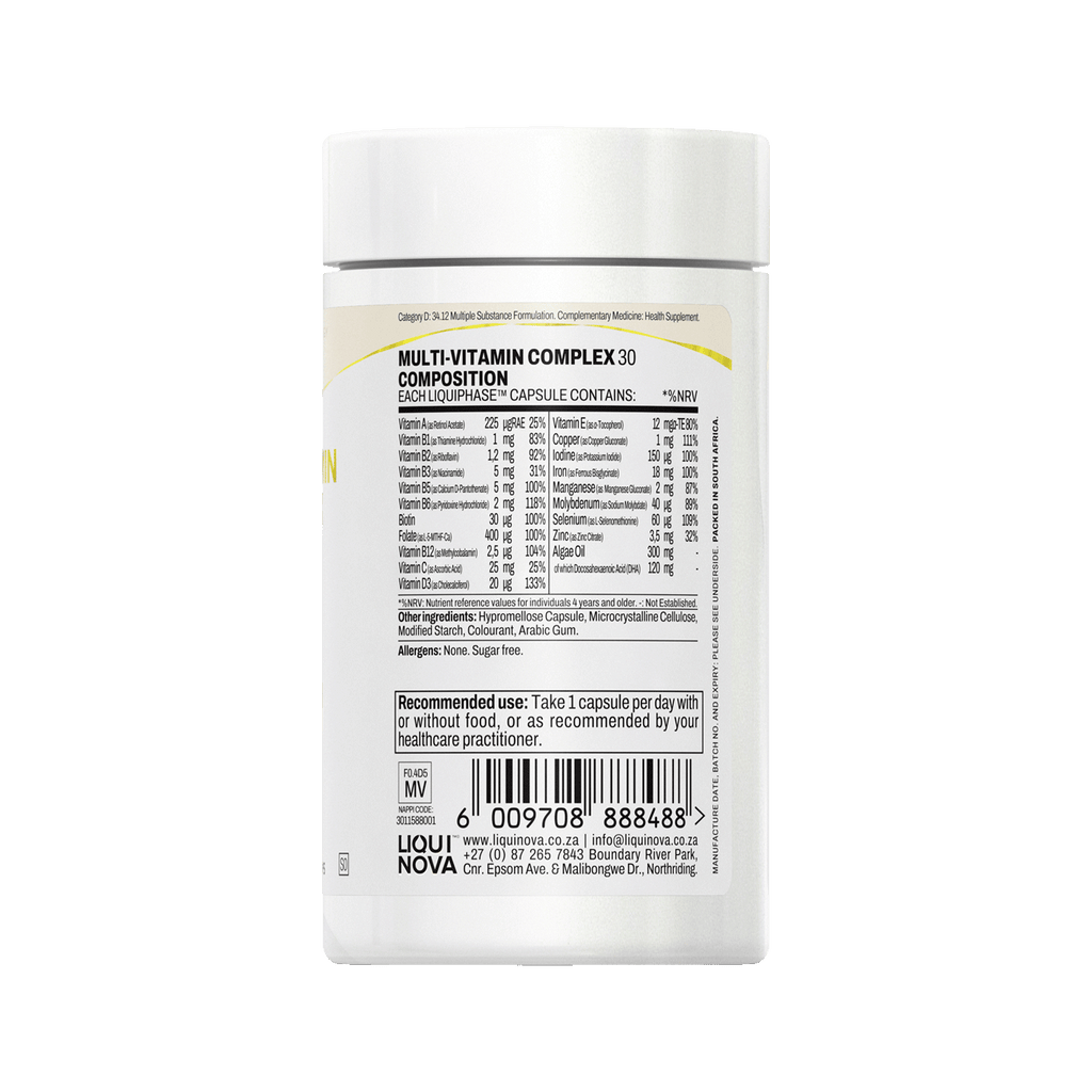 Multi-Vitamin Complex composition label with ingredient amounts per capsule