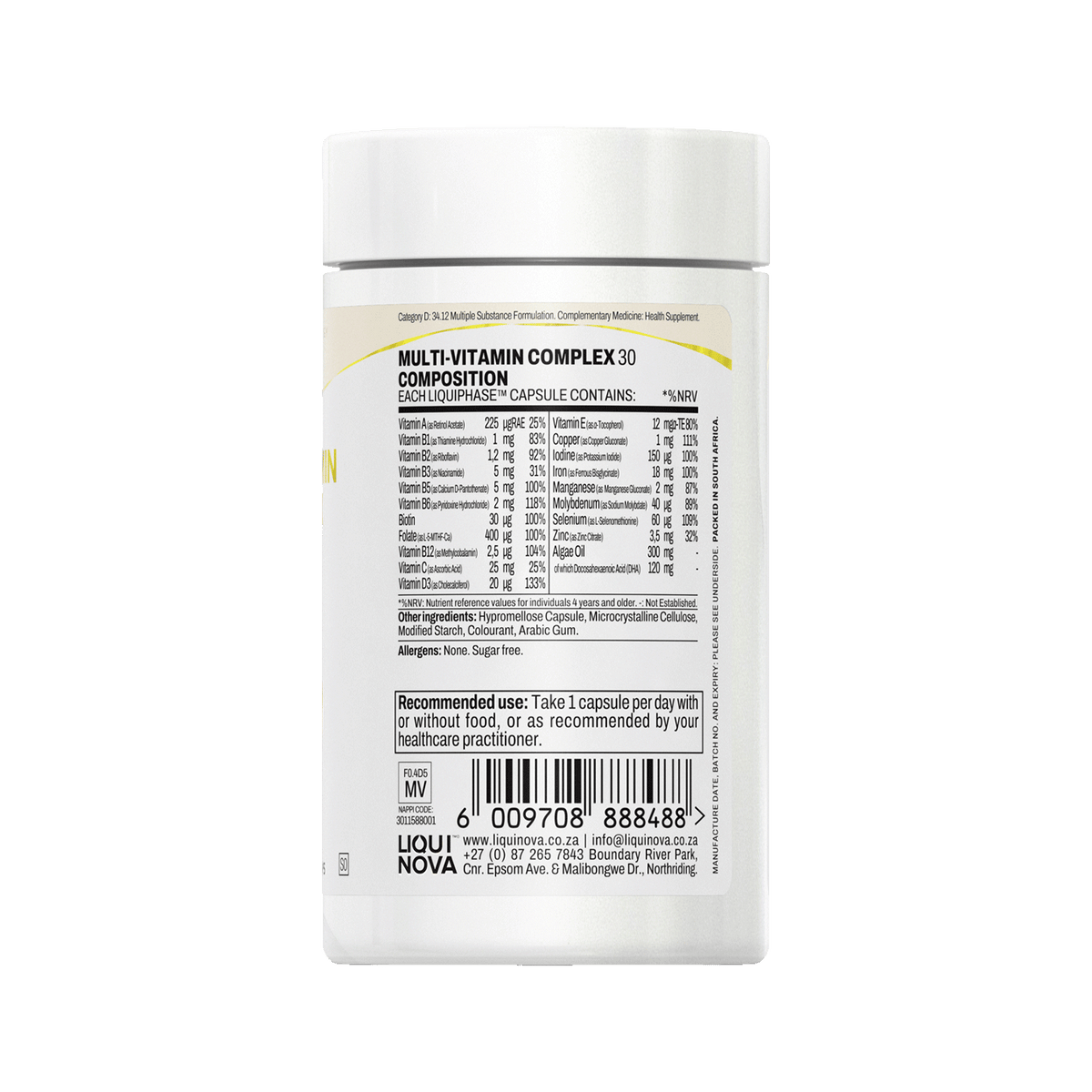 Multi-Vitamin Complex composition label with ingredient amounts per capsule