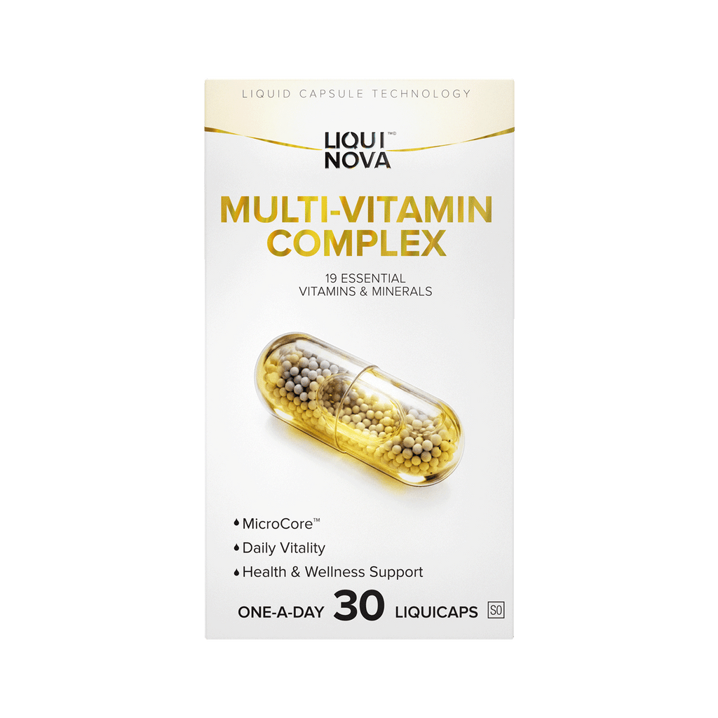 LiquiNova Multi-Vitamin Complex box front, 19 vitamins and minerals with methylated B12 and Folate