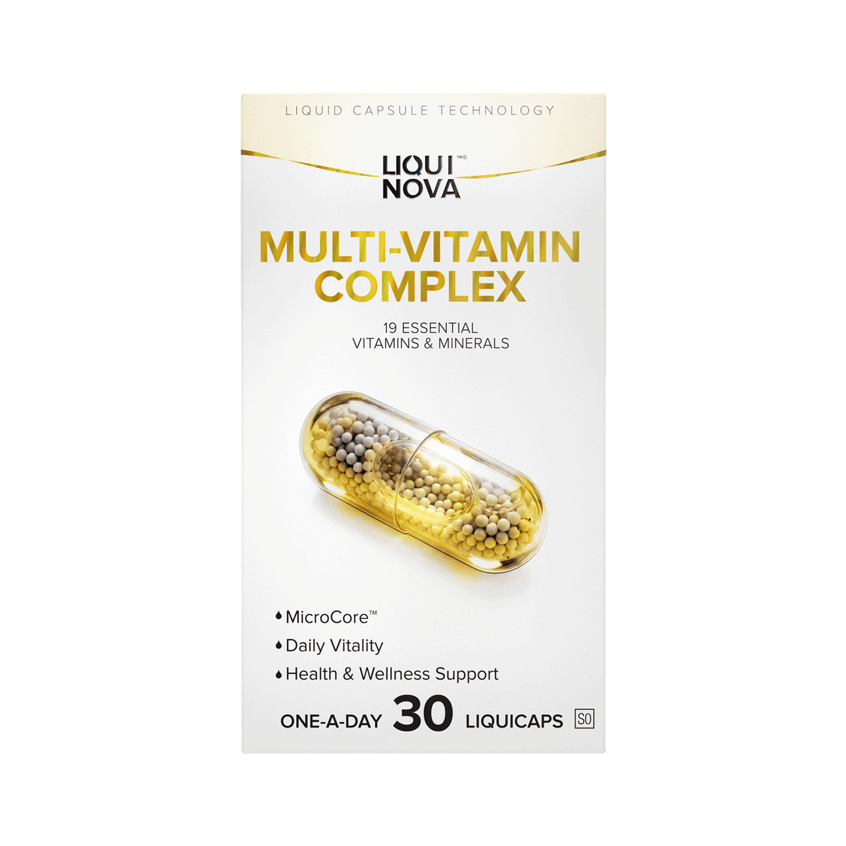 LiquiNova Multi-Vitamin Complex box front, 19 vitamins and minerals with methylated B12 and Folate