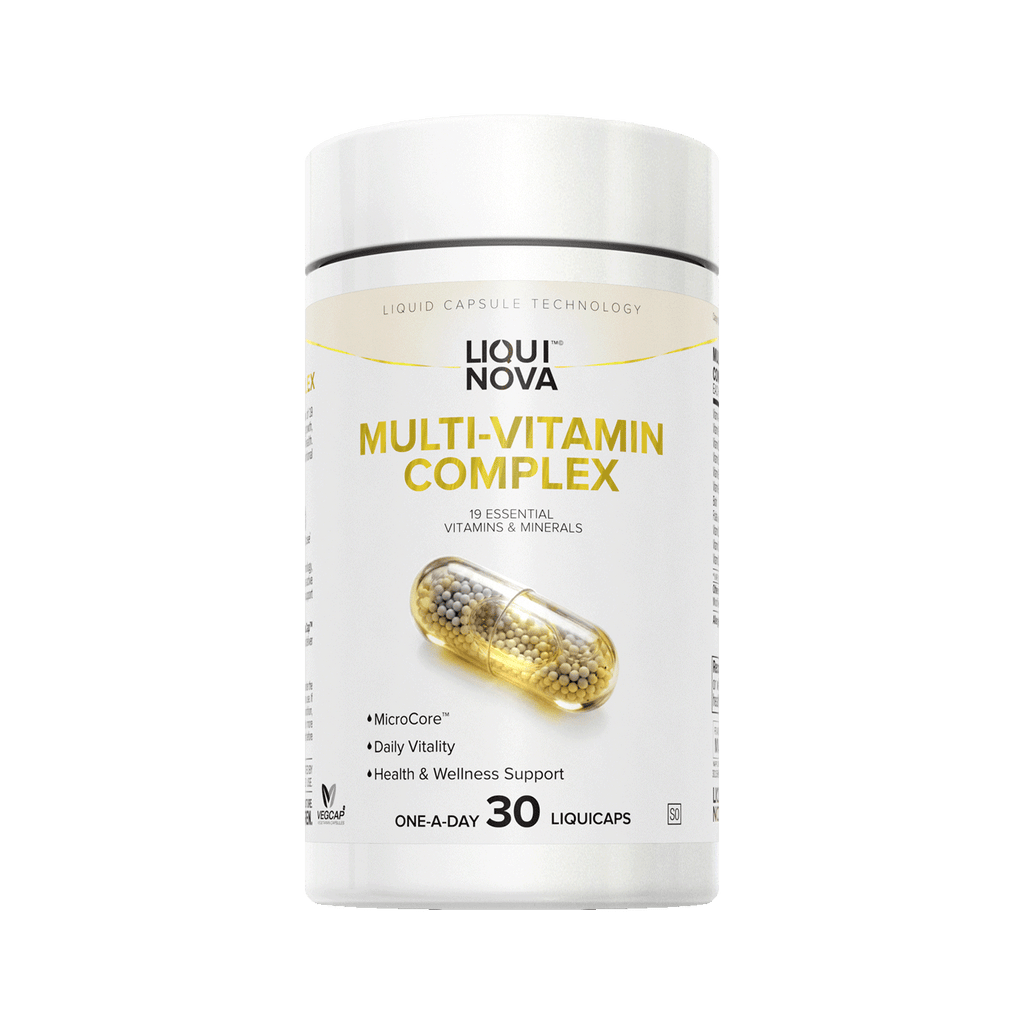 LiquiNova Multi-Vitamin Complex canister, angled view showing the MicroCore liquid capsule