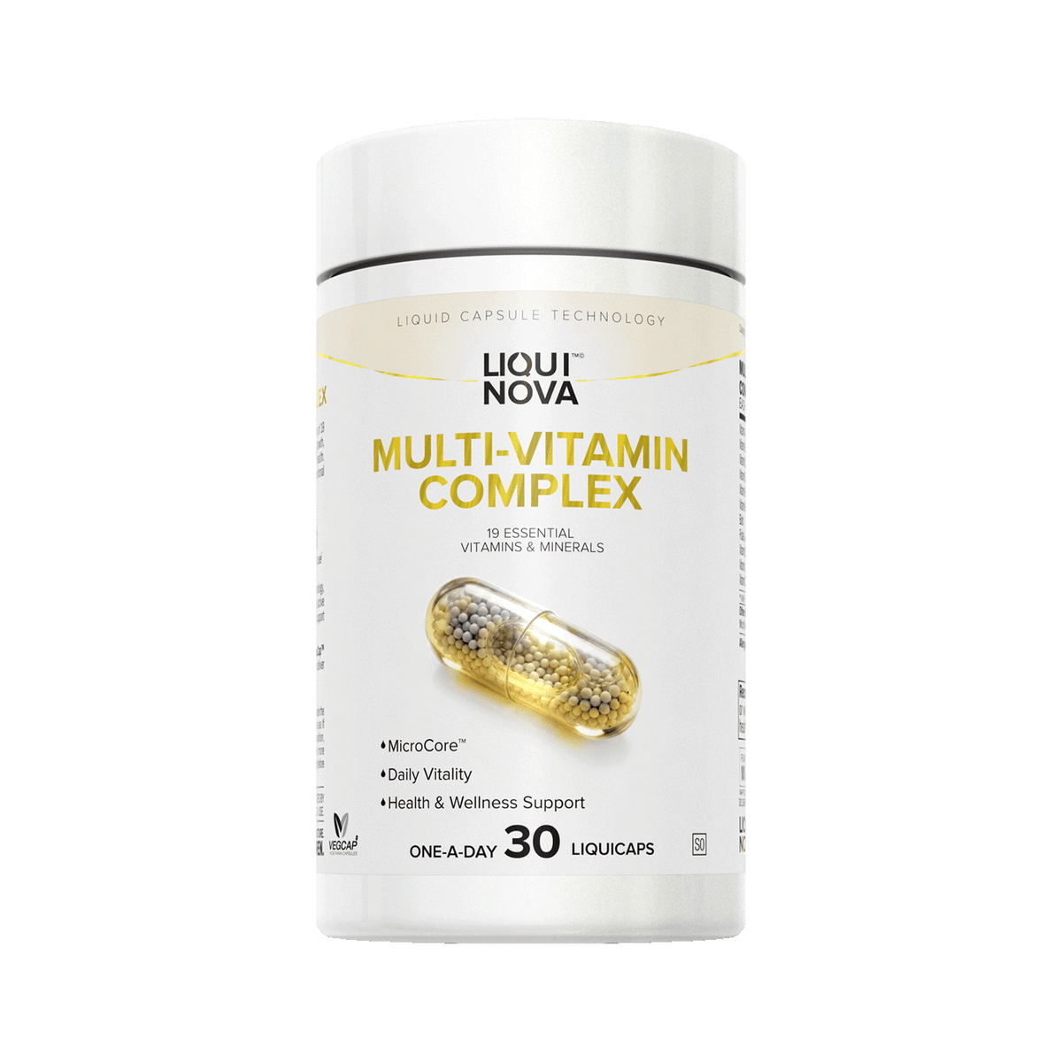 LiquiNova Multi-Vitamin Complex canister, angled view showing the MicroCore liquid capsule