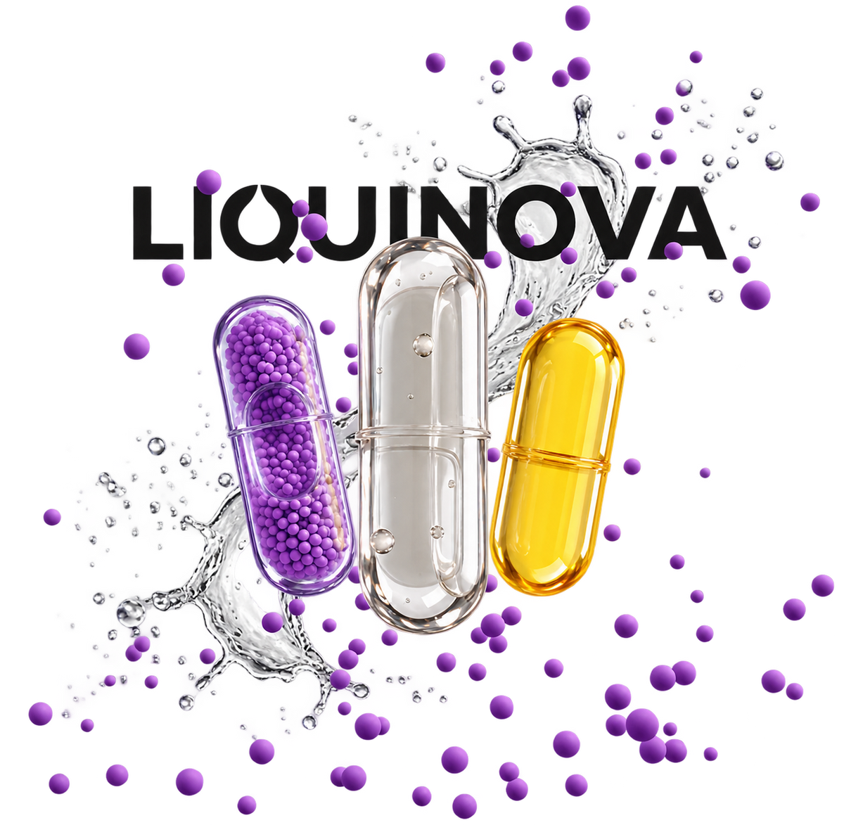 LiquiNova logo behind MicroCore, NovaCap and LiquiPhase capsules: purple beadlets, a clear inner capsule and golden liquid