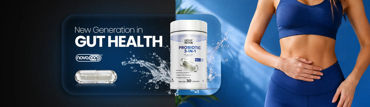 Gut health: LiquiNova Probiotic 3-in-1 canister, 15 billion CFU, with a clear NovaCap capsule and a woman in blue activewear