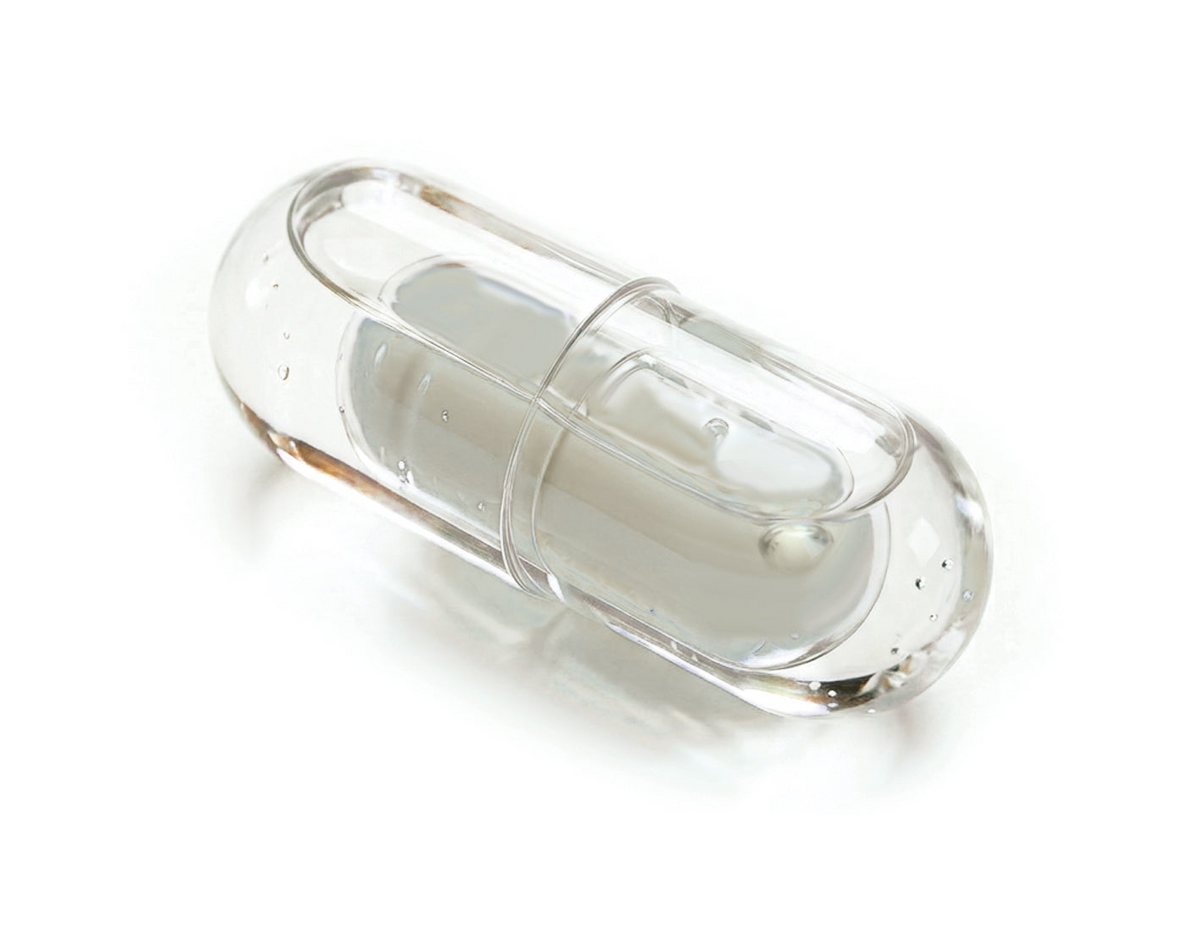 NovaCap capsule: a clear inner capsule sealed inside a clear, liquid-filled outer capsule