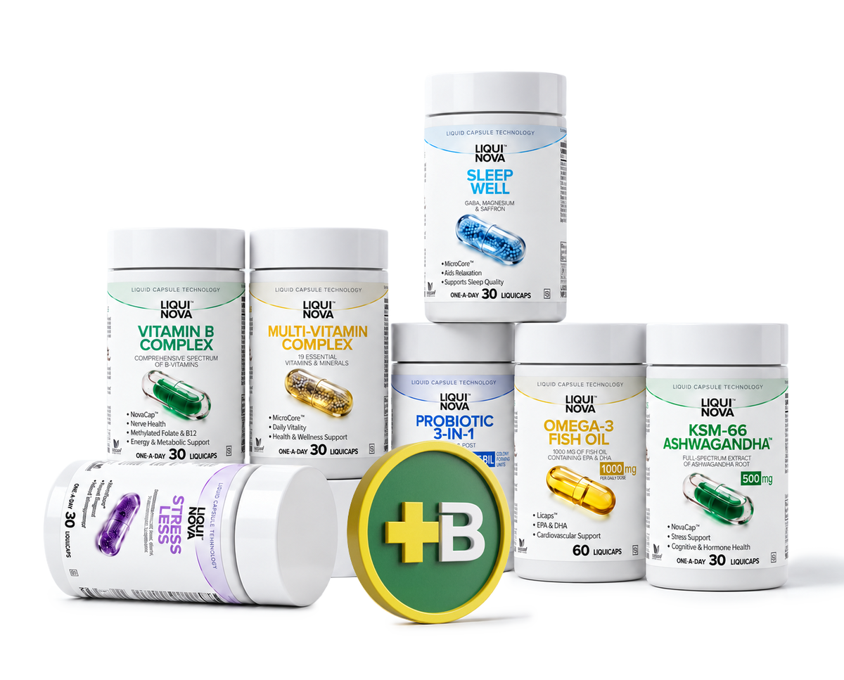Seven LiquiNova supplement canisters grouped with a Dis-Chem Better Rewards +B coin