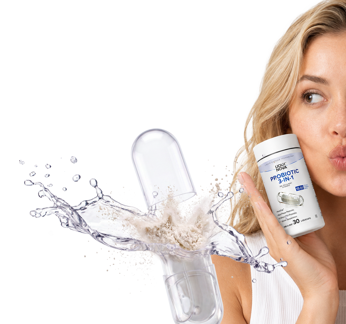 Woman holding a LiquiNova Probiotic 3-in-1 canister beside a clear capsule bursting with powder and water